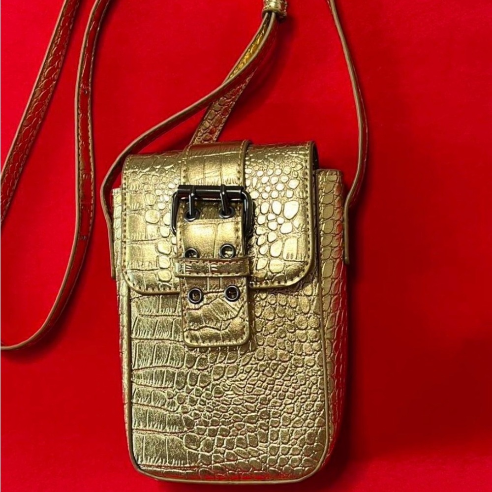 Gold Crocodile-Embossed Crossbody Bag 8x4.5x2